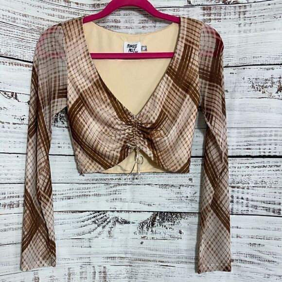 Princess Polly Top Womens Size 6 Lucille Crop Chiffon Y2K check Ruched 90s 00s - Picture 2 of 14